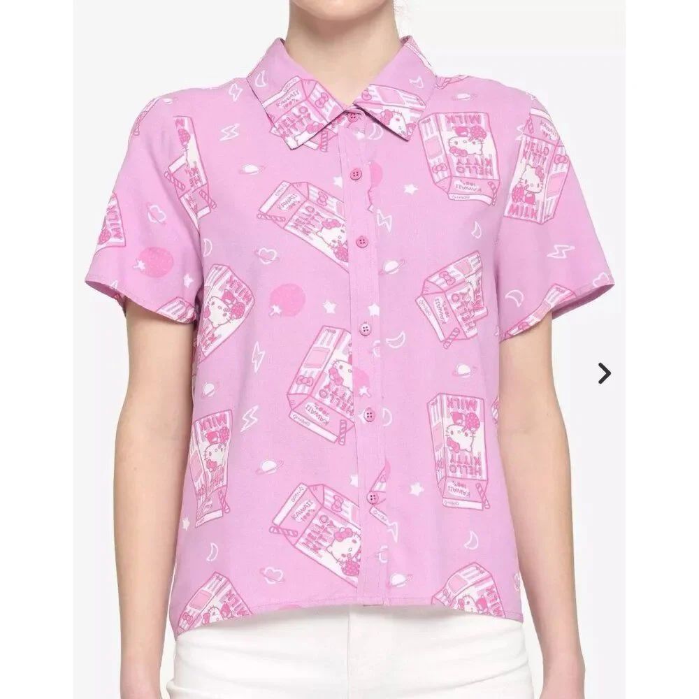 hot topic pink white hello kitty short sleeve button down top Strawberry Milk M